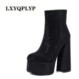 Leather Rhinestone Platform Ankle Bootswoman Shoes High Heels Sexy Super High Heel Round Toe Zip Boots Black