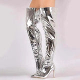 Women Boots Mirror Platform Pointy Toe Punk High Thin Heels Over the Knee Long Boots Autumn Winter Zip Silver Casual Party