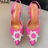 2023 Brand Women Pumps Sandals Fashion Pointed Toe Crystal Buckle Comfortable Slingback High Heels Summer Wedding