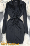 Women Dress 2023 New Spring Fashion Solid Turn down Collar Long Sleeve Twist Front Empire Folded Mini Party Bodycon Dress