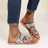 Summer New Women's Fashion Gold Silver Patent Leather Flat Heel Sandals Bling Rhinestone Narrow Band Beach Casual
