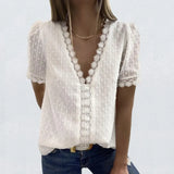 V-Neck Lace Shirt Blouse Spring Summer Short Sleeve Ladies Shirt Casual Women Solid Pullover Tops Blusa Streetwear