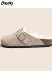 Women's Slippers 2023 Autumn Winter Leather Round Toe Slippers Couple Slippers Outdoor Casual Keep Warm Women Suede Slides