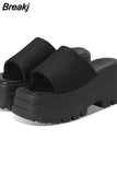 Dropship 2023 Summer Brand New Women Single Band Platform Sandals Black Nylon Chunky Platform Wedges Slipper