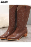 Boots Pointed Toe Mid Calf Boots Autumn Winter 2023 Vintage Style Embroidery Boots Thick Heels Comfy Walking Lady