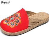 Women Canvas Close Toe Mules Slippers Handmade Ladies Comfortable Linen Knitted Bottom Embroidered Flat
