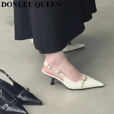 Slingback Sandals Women Med Heels Pumps Rivet Shoes Elegant Pointed Toe Female Mules Dress Slides Denim Sandalias