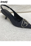 Slingback Sandals Women Med Heels Pumps Rivet Shoes Elegant Pointed Toe Female Mules Dress Slides Denim Sandalias