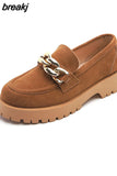 Size 34-42 Casual Loafers For Women Real Leather Flats Platform Shoes Fashion Chain Chunky Heel Ladies Retro