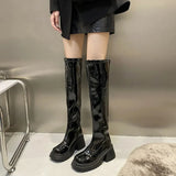 Platform Long Boots Women Patent Leather Thick High Heels Punk Shoes Woman 2023 Autumn Winter Short Plush Knee High