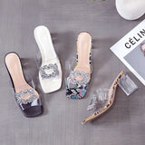 Snake Pattern Square Toe Transparent Slippers Summer New Women Shoes Casual Brief Fashion Rhinestones Women