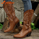 Boots Pointed Toe Mid Calf Boots Autumn Winter 2023 Vintage Style Embroidery Boots Thick Heels Comfy Walking Lady