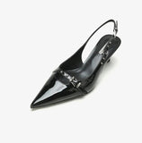 Women Summer Fashion Pumps Buckle Shallow Pointed Toe Stiletto High Heels Back Strap Slip on Sandals Sexy Shiny Leather