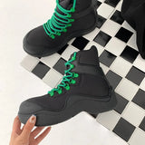 Women green Casual Boots Autumn Fashion Black Leather Platform Gothic Boots Punk Combat Mid Calf Boots Women Snow Boots