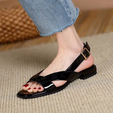 Leather Women Sandals Square Toe Buckle Strap Roman Shoes for Women Plus Size Low Heel Casual Beach Sandals Solid