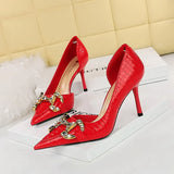 Breakj Banquet High Heels Fine Heel High Heel Shallow Tip Side Hollow Out Metal Diamond Buckle Single Shoes Women's