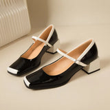 Toe Single Shoes for Women Thick Heels Shallow Mary Jane Shoes Patent Leather French Elegant High Heels Leather