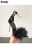 Women's High Heel Sandals 2023 New Trend Shoes for Women Feathers Pointed Chain Follow Sandal High Heel Shoes Lady