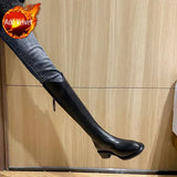 Women's Boots Long Winter Knee High Shaft Shoes for Woman Pointed Toe Footwear Black Tassel Pu 2023 Novelty with Free