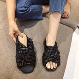 Women Summer Slides Female Shoes Rubber Flip Flops Cross-Tied Big Size 2023 Hawaiian Flat Rome Basic PU Fabric Flat