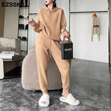 2 Pieces Set Women Knitted Tracksuit hooded Sweater + Harem Pants Pullover 2021 Sweater Set CHIC Knitted hooded