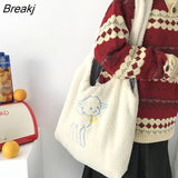 Women's Lamb Like Fabric Shoulder Bag Simple Canvas Handbag Tote Large Capacity Embroidery Shopping Bag Cute Book Bags For