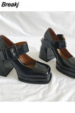 New Gothic High-heeled Shoes Women Pumps Korean Version of The Wild Thick with Square Head Retro Mary Jane Women's