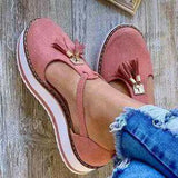 Women Summer Sandals Fashion Buckle Strap Solid Fringe Cover Heel Flat Platform Heel Casual Ladies Plus Size