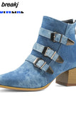Boot Square Heel Women Boots Buckle Ankle New Pointed Toe Lady Shoes Spring Autumn Footwear Casual Heels