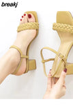 Women Sandals Female Square High Heels Pu Open Toe Lady New Summer Shoes Solid Soft Comfort Buckle