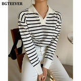 Casual Turn-down Collar Striped Women Sweaters 2021 Autumn Sweater Long Sleeve Loose Female Knitted Pullovers