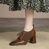Women's Pumps Summer Splicing Lace Up High Heels Fashion Square Toe Classic British Style Lace Up High
