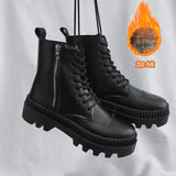 Men Boots PU Leather Warm Ankle Booties Autumn Winter High Top Waterproof Motorcycle Boots Side Zipper Platform Shoes