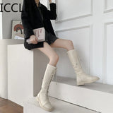 Women's Lace Up Knee High Boots British Pu Leather Thick Bottom Platform Boots Woman Non Slip Motorcycle