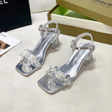 Breakj New High-Heeled Shoes Fashion Water Drill With Silver Coarse Shoes Sweet Lady Square Head Crystal
