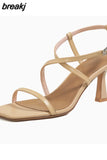 Size 34-39 Sandals Women 2023 Real Leather Ankle Strap Rome High Heels Summer Shoes For Women Elegant Party