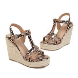 Summer New Fashion Snake Pattern Wedge Heel Super High Heel Muffin Bottom Hemp Rope Comfortable Personality Female