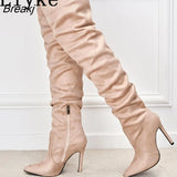 Fashion Pleated Thigh High Over-The-Knee Long Shoes Womens Boots Autumn Winter Pointed Toe Zip Thin Heels Pumps Size
