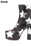 Platform Ankle Boots For Women Luxury Print Star Really Leather High Heels Shoes Woman Round Heels Botines Mujer