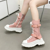 Canvas Chunky Platform Motorcycle Boots Women Zip Thick Bottom Combat Boots Woman Autumn Winter Punk Mid Calf Botas
