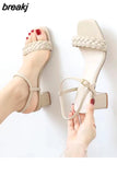 Women Sandals Female Square High Heels Pu Open Toe Lady New Summer Shoes Solid Soft Comfort Buckle