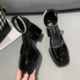lace Bowknot Pearls Strap Platform Pumps Women Thick Heels Mary Jean Shoes Woman Square Toe High Heeled Shoes