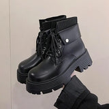 Boots Rock Shoes Woman Boots-Women Flat Heel Luxury Designer Round Toe Lace Up Winter Footwear 2023 Ankle Med Lolita