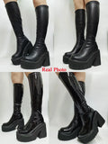 Chunky High Heeled Women Knee High Boots Fashion Cool Round Toe Cute Sweet Heeled Boots Gothic Uniform Dress
