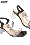 Women Sandals Pvc Crystal Flower Decoration Chunky Heel Peep Toe Back Strap Elastic Band Elegant Fashion Shoes