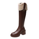Knee High Brown Long Boots Comfort Square Heel Zip Belt Buckle Platform Boots for Women Plush Edge Warm Gothic