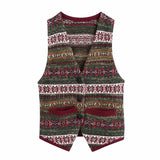 V Neck Button Decoration Jacquard Knitting Sweater Female Sleeveless Pullover Casual Lady Loose Tops