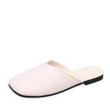 Women Mules 2022 Summer New Elegant Square Closed Toe Flat Slippers Female Shoes Casual Leather White Slides Plus Size