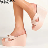 2023 New Summer Fashion Pink Women Slipper High Wedges Platform Sandals Shoes Ladies Peep Toe Slip On Outdoor Beach