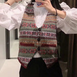 V Neck Button Decoration Jacquard Knitting Sweater Female Sleeveless Pullover Casual Lady Loose Tops
